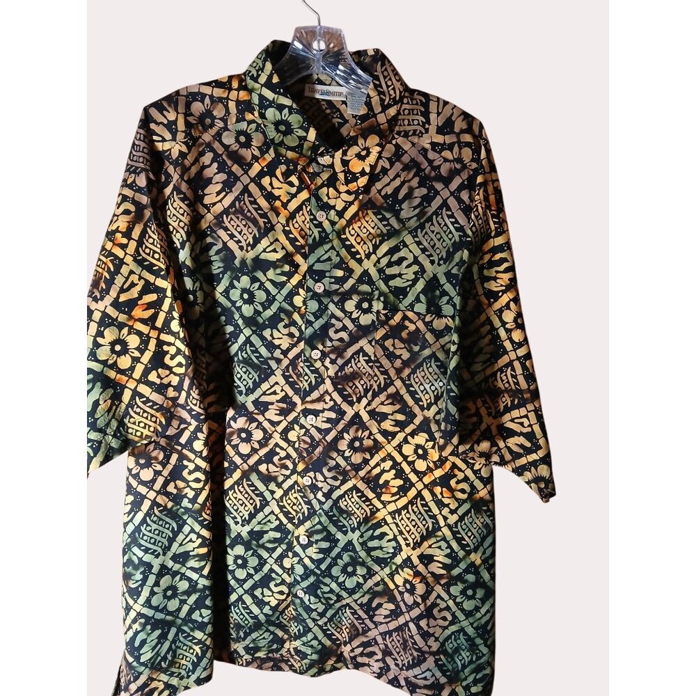 Travelsmith Mens Button-Up Batik Print Hawaii Shirt  XXL Multi Pocket Camp